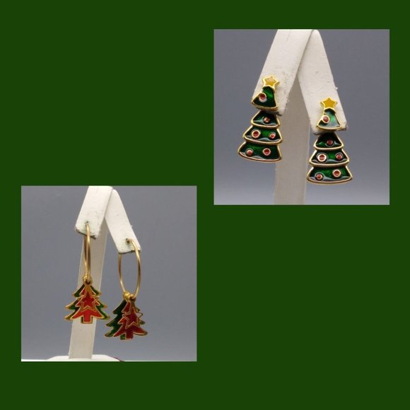 Vintage Christmas Tree Earrings Bundle Studs and Hoops with Gold Tone Fun Winter - Picture 1 of 9